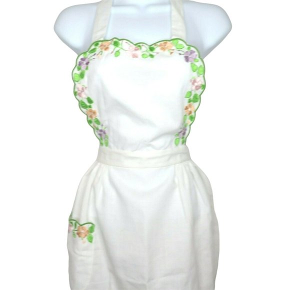 Vintage Kitchen Vintage Bib Apron Floral Embroidery White Pocket